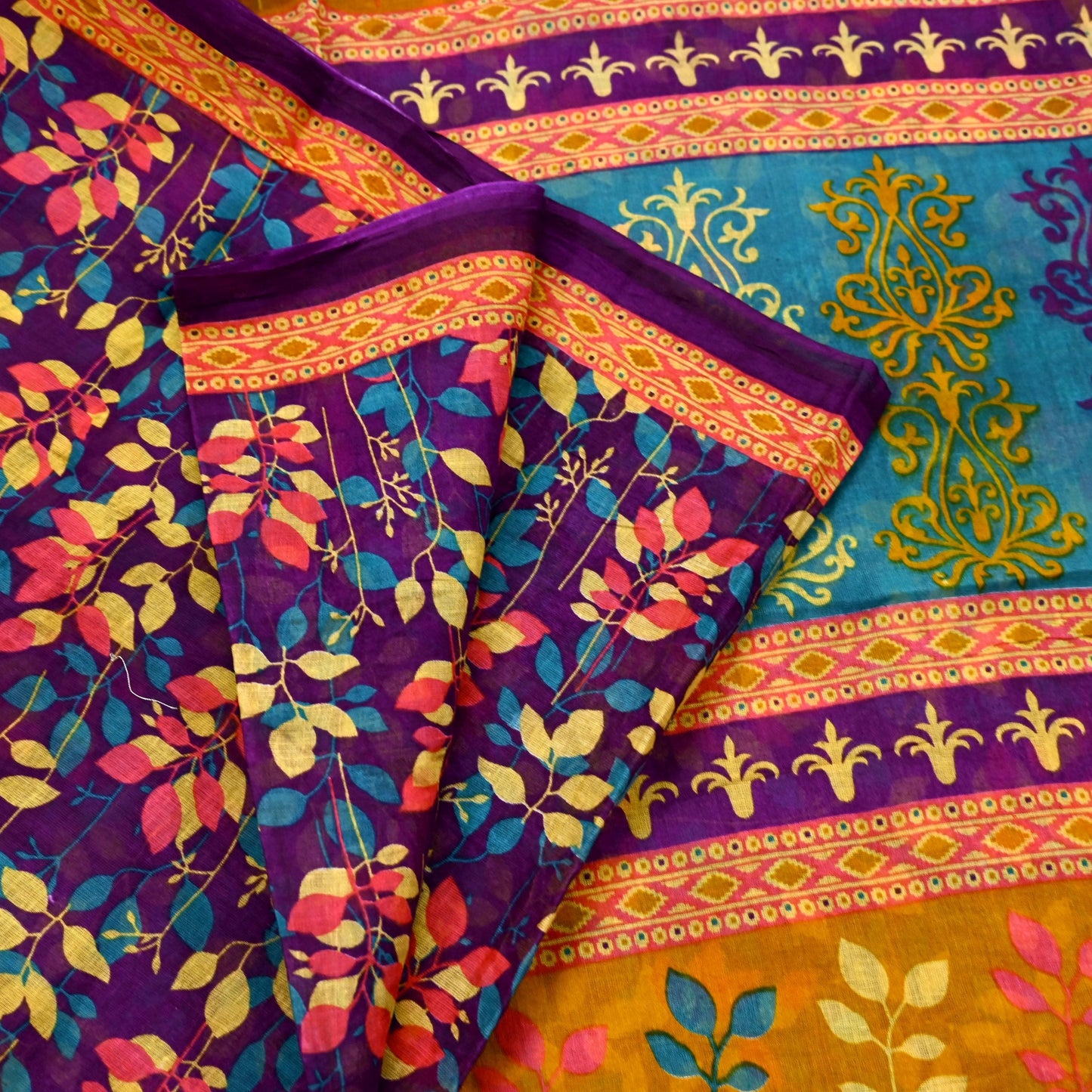 Indian Vintage Sari Purple Pure Cotton Printed Sarees Craft Fabric Soft 5Yd Sarong Wrap Boho Fabric Kimono Quilting Crafting Upcycle