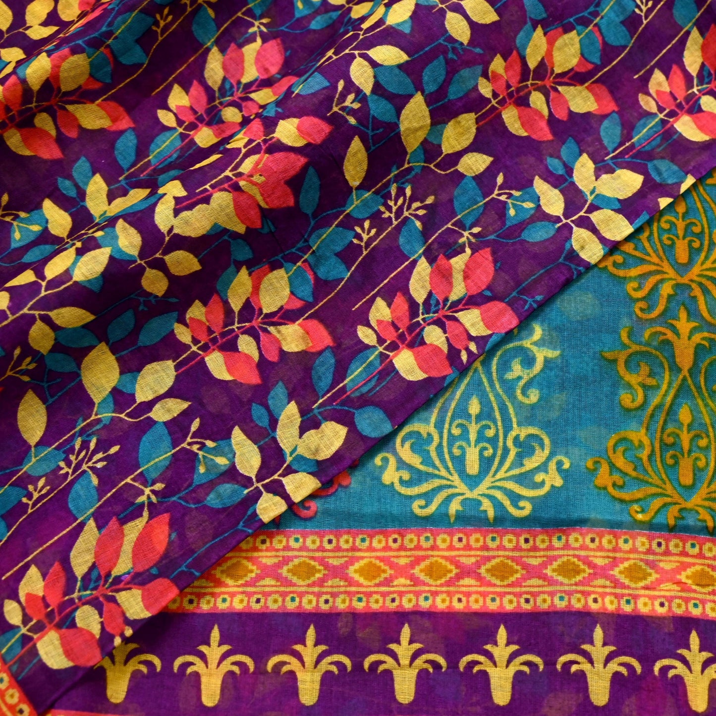 Indian Vintage Sari Purple Pure Cotton Printed Sarees Craft Fabric Soft 5Yd Sarong Wrap Boho Fabric Kimono Quilting Crafting Upcycle