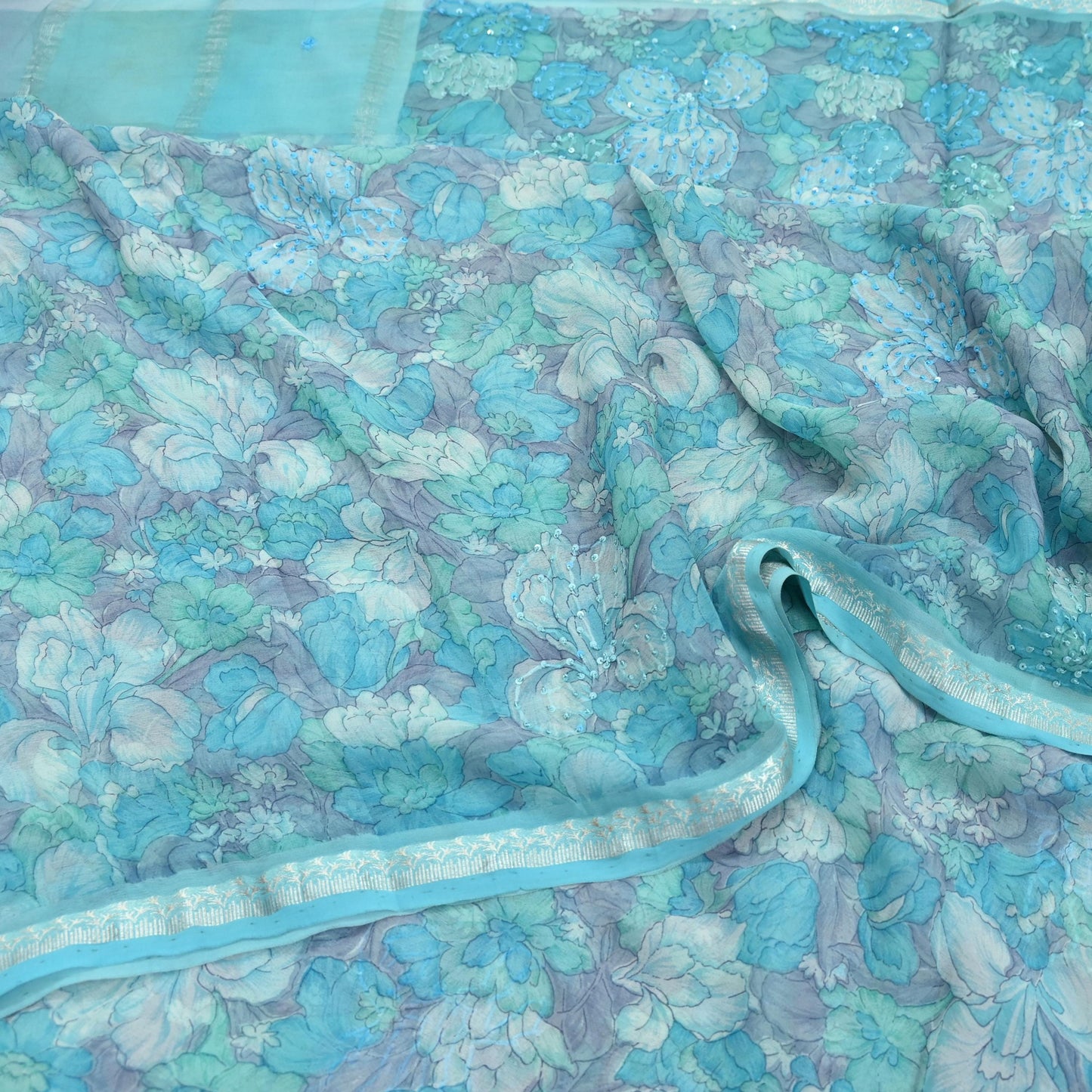 Indian Vintage Sari Hand Embroidered Printed 100% Pure Georgette Silk Saree Craft Fabric 5Yd Ethnic Soft Dress making For Crafting Quilting