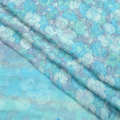 Indian Vintage Sari Hand Embroidered Printed 100% Pure Georgette Silk Saree Craft Fabric 5Yd Ethnic Soft Dress making For Crafting Quilting