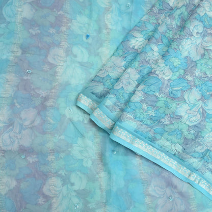 Indian Vintage Sari Hand Embroidered Printed 100% Pure Georgette Silk Saree Craft Fabric 5Yd Ethnic Soft Dress making For Crafting Quilting