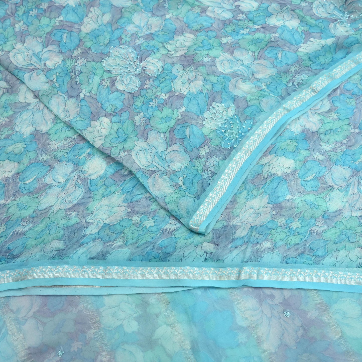 Indian Vintage Sari Hand Embroidered Printed 100% Pure Georgette Silk Saree Craft Fabric 5Yd Ethnic Soft Dress making For Crafting Quilting