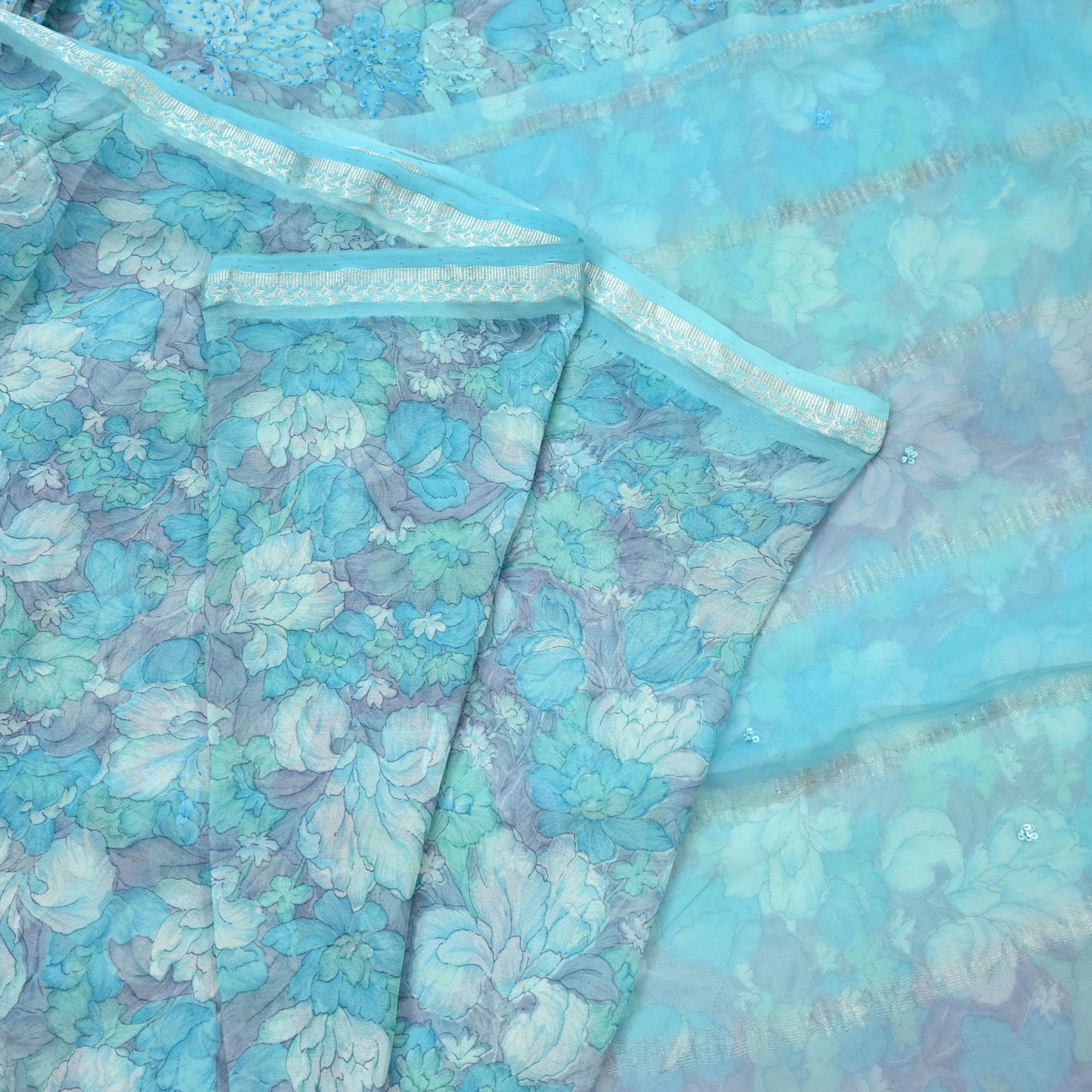 Indian Vintage Sari Hand Embroidered Printed 100% Pure Georgette Silk Saree Craft Fabric 5Yd Ethnic Soft Dress making For Crafting Quilting