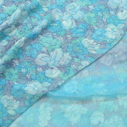 Indian Vintage Sari Hand Embroidered Printed 100% Pure Georgette Silk Saree Craft Fabric 5Yd Ethnic Soft Dress making For Crafting Quilting