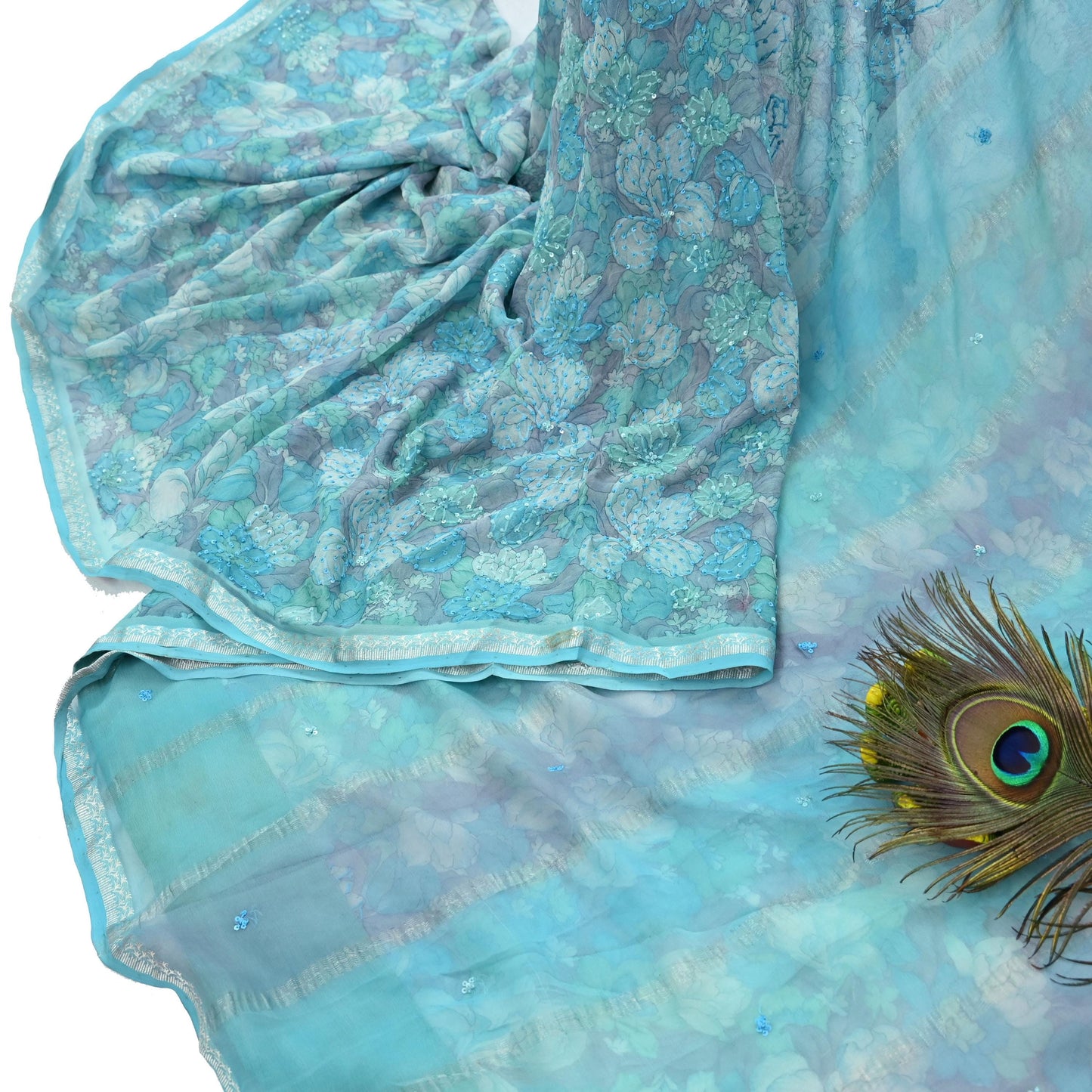 Indian Vintage Sari Hand Embroidered Printed 100% Pure Georgette Silk Saree Craft Fabric 5Yd Ethnic Soft Dress making For Crafting Quilting