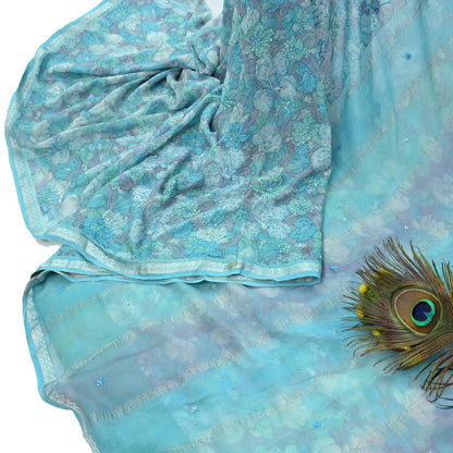 Indian Vintage Sari Hand Embroidered Printed 100% Pure Georgette Silk Saree Craft Fabric 5Yd Ethnic Soft Dress making For Crafting Quilting