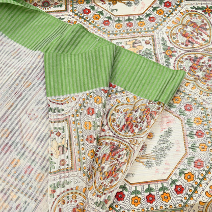 Indian Vintage Sari Ivory Hand Woven Painted Sarees Cotton Craft Fabric 5Yd Floral Soft Dress Making Fringes Crafting Quilting