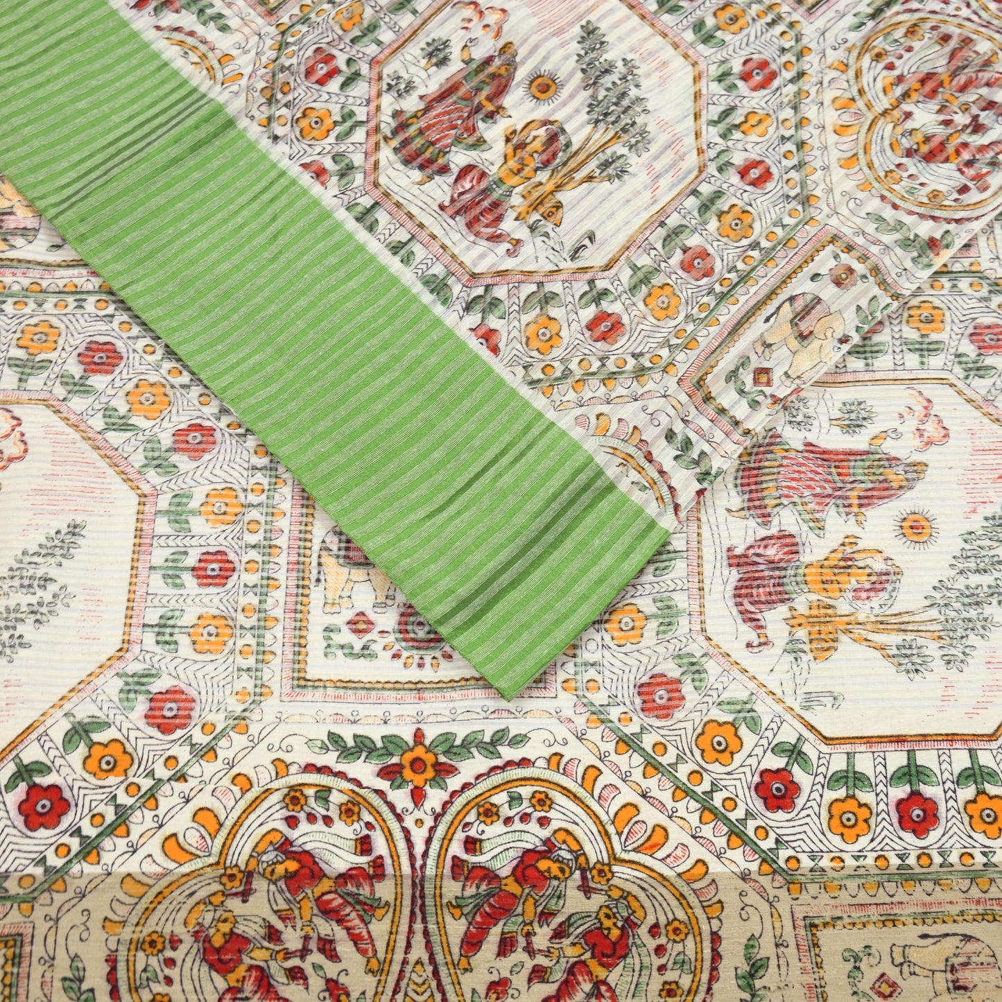 Indian Vintage Sari Ivory Hand Woven Painted Sarees Cotton Craft Fabric 5Yd Floral Soft Dress Making Fringes Crafting Quilting