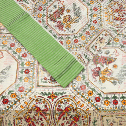 Indian Vintage Sari Ivory Hand Woven Painted Sarees Cotton Craft Fabric 5Yd Floral Soft Dress Making Fringes Crafting Quilting