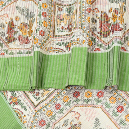 Indian Vintage Sari Ivory Hand Woven Painted Sarees Cotton Craft Fabric 5Yd Floral Soft Dress Making Fringes Crafting Quilting