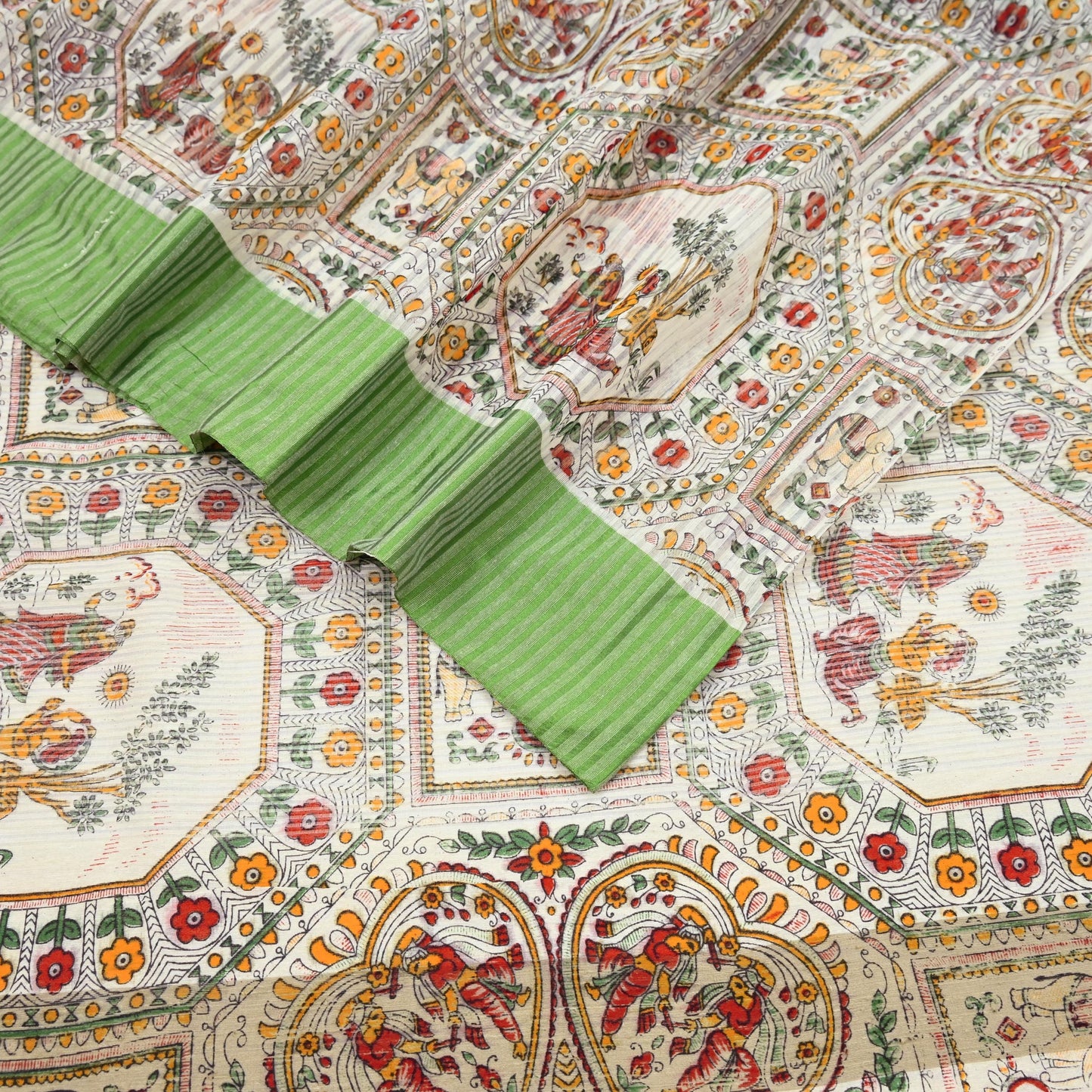 Indian Vintage Sari Ivory Hand Woven Painted Sarees Cotton Craft Fabric 5Yd Floral Soft Dress Making Fringes Crafting Quilting