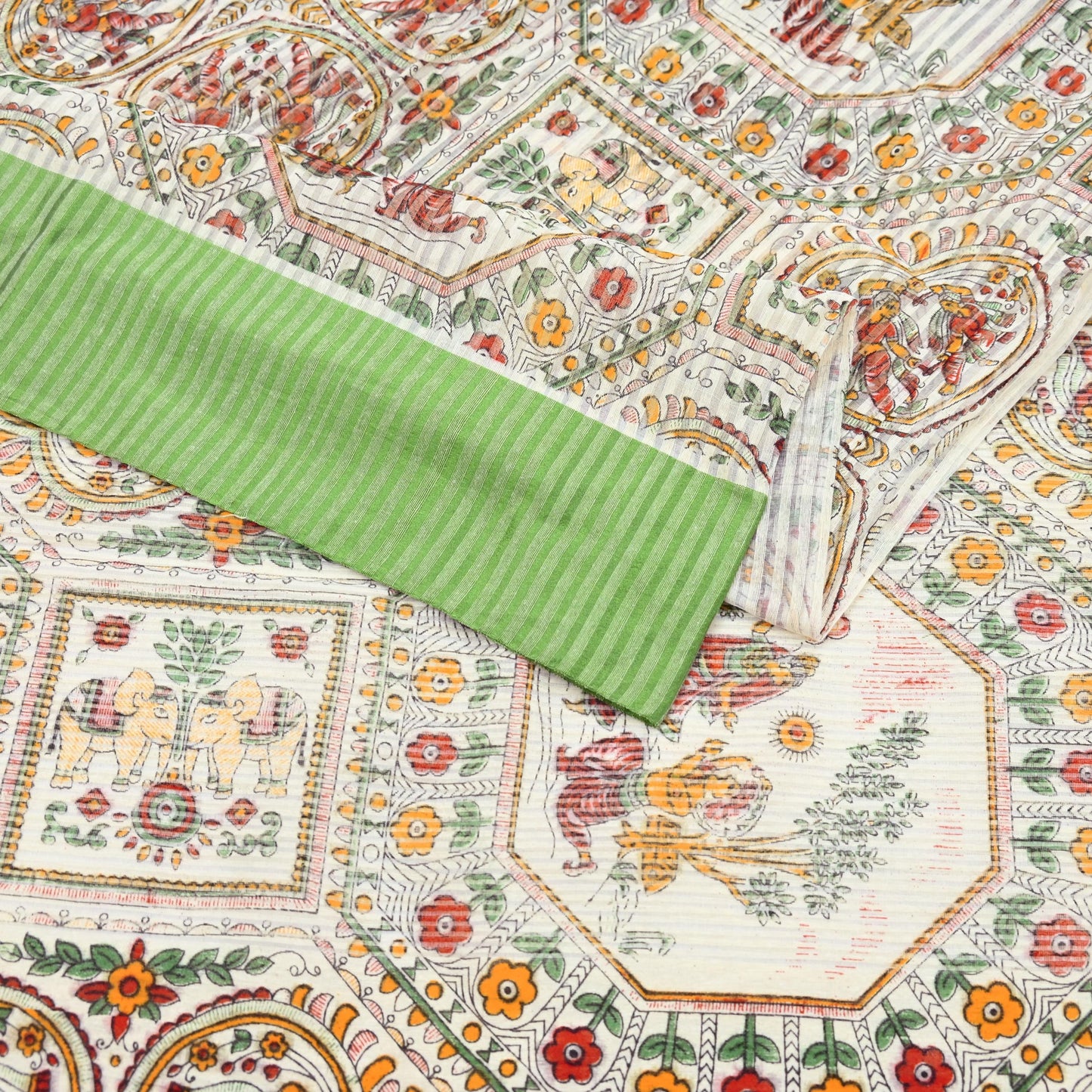 Indian Vintage Sari Ivory Hand Woven Painted Sarees Cotton Craft Fabric 5Yd Floral Soft Dress Making Fringes Crafting Quilting