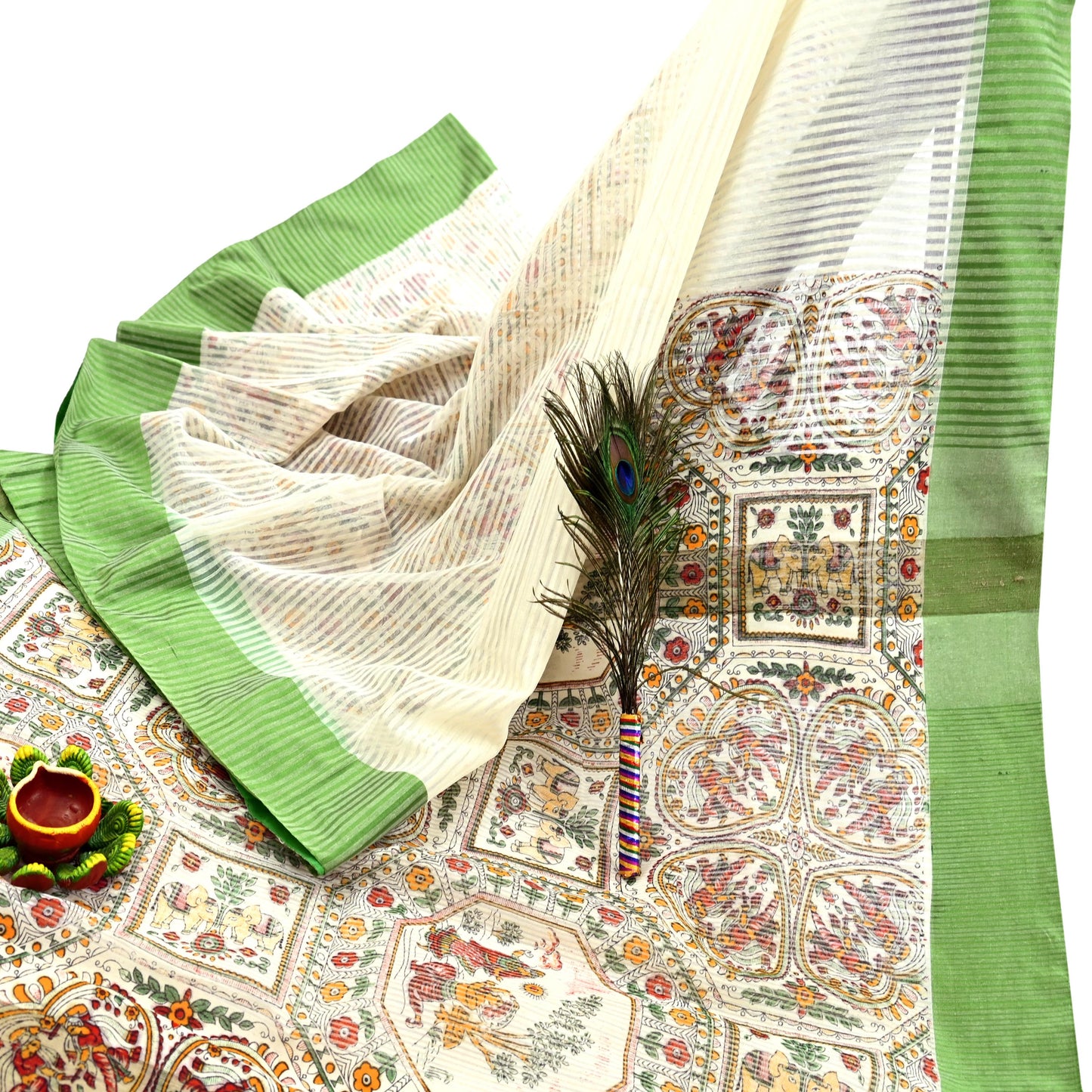 Indian Vintage Sari Ivory Hand Woven Painted Sarees Cotton Craft Fabric 5Yd Floral Soft Dress Making Fringes Crafting Quilting