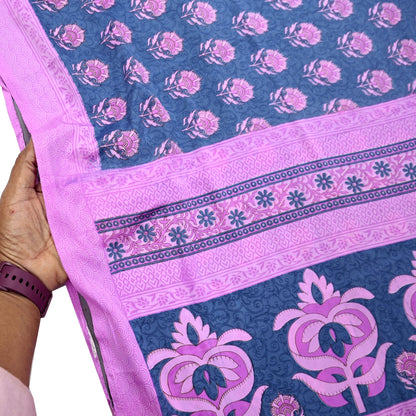 Indian Vintage Sari Pink & Gray Moss Crepe Printed Sarees 5yd Craft Fabric Sewing Floral Soft Dress making Quilting Crafting Upcycle Used