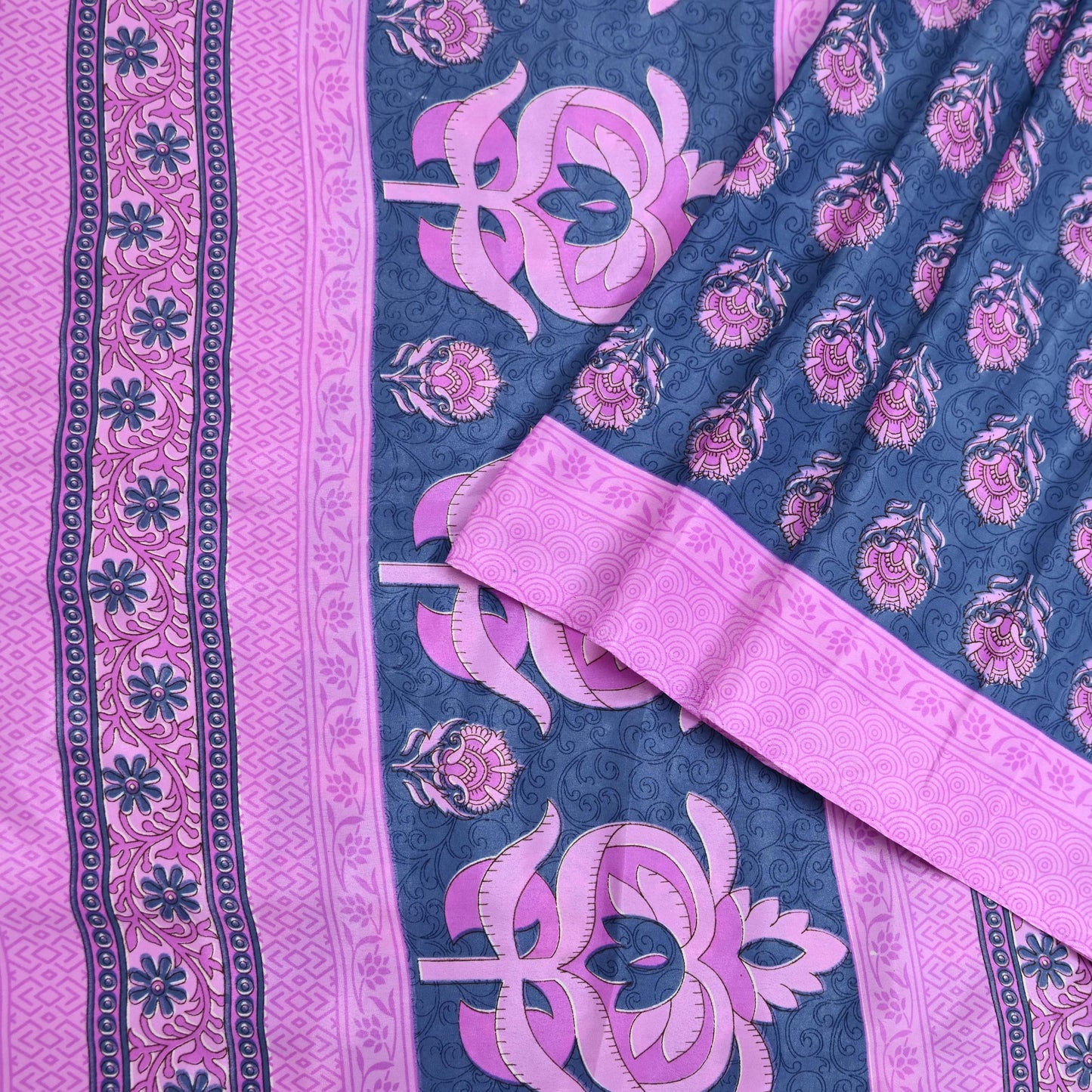 Indian Vintage Sari Pink & Gray Moss Crepe Printed Sarees 5yd Craft Fabric Sewing Floral Soft Dress making Quilting Crafting Upcycle Used