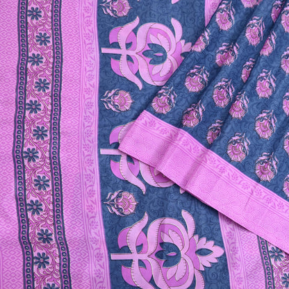 Indian Vintage Sari Pink & Gray Moss Crepe Printed Sarees 5yd Craft Fabric Sewing Floral Soft Dress making Quilting Crafting Upcycle Used