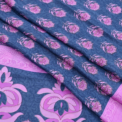 Indian Vintage Sari Pink & Gray Moss Crepe Printed Sarees 5yd Craft Fabric Sewing Floral Soft Dress making Quilting Crafting Upcycle Used
