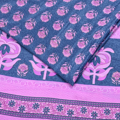 Indian Vintage Sari Pink & Gray Moss Crepe Printed Sarees 5yd Craft Fabric Sewing Floral Soft Dress making Quilting Crafting Upcycle Used