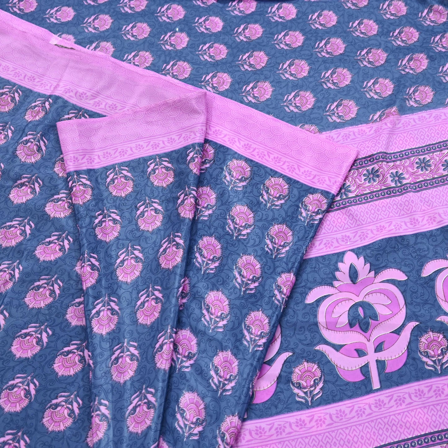 Indian Vintage Sari Pink & Gray Moss Crepe Printed Sarees 5yd Craft Fabric Sewing Floral Soft Dress making Quilting Crafting Upcycle Used