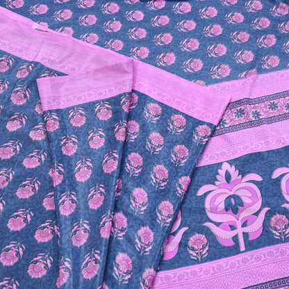 Indian Vintage Sari Pink & Gray Moss Crepe Printed Sarees 5yd Craft Fabric Sewing Floral Soft Dress making Quilting Crafting Upcycle Used