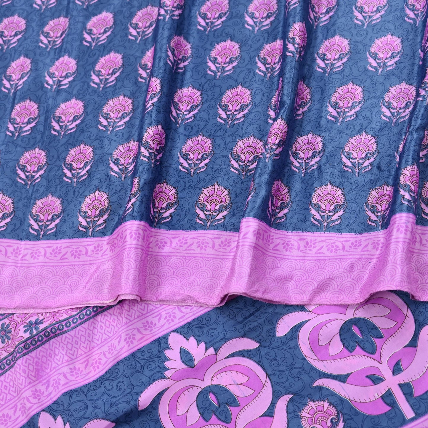 Indian Vintage Sari Pink & Gray Moss Crepe Printed Sarees 5yd Craft Fabric Sewing Floral Soft Dress making Quilting Crafting Upcycle Used