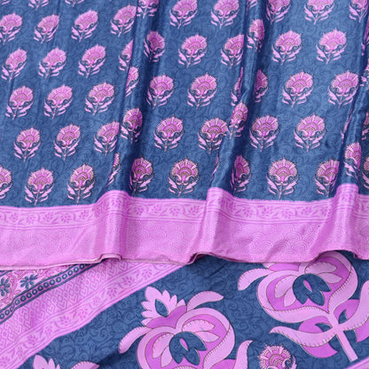 Indian Vintage Sari Pink & Gray Moss Crepe Printed Sarees 5yd Craft Fabric Sewing Floral Soft Dress making Quilting Crafting Upcycle Used