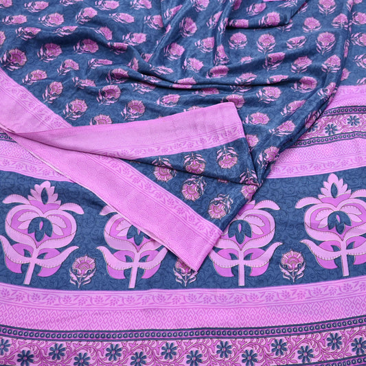 Indian Vintage Sari Pink & Gray Moss Crepe Printed Sarees 5yd Craft Fabric Sewing Floral Soft Dress making Quilting Crafting Upcycle Used