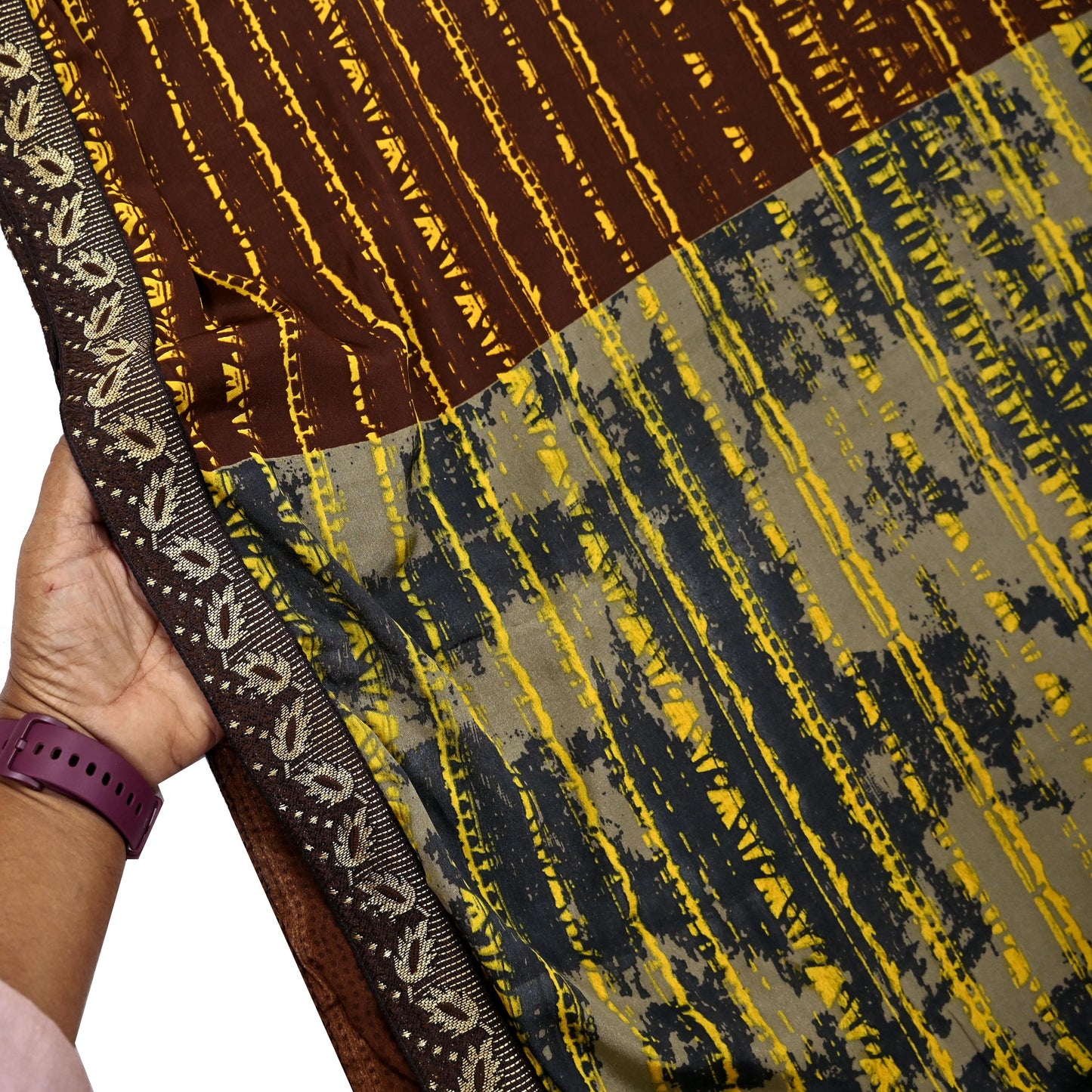 Indian Vintage Sari Yellow & Brown Moss Crepe Printed Sarees 6yd Craft Fabric Sewing abstract Soft Dress making Quilting Crafting Upcycle