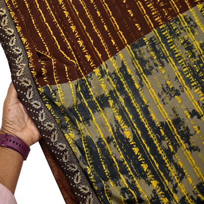 Indian Vintage Sari Yellow & Brown Moss Crepe Printed Sarees 6yd Craft Fabric Sewing abstract Soft Dress making Quilting Crafting Upcycle