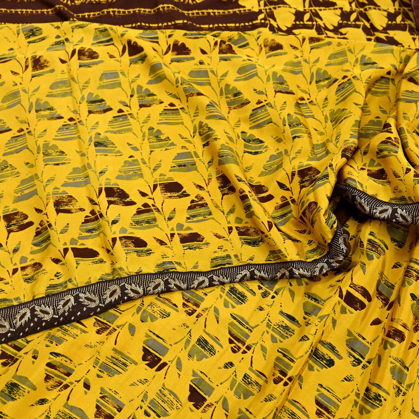 Indian Vintage Sari Yellow & Brown Moss Crepe Printed Sarees 6yd Craft Fabric Sewing abstract Soft Dress making Quilting Crafting Upcycle