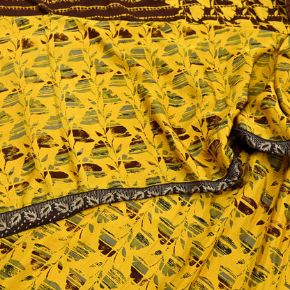 Indian Vintage Sari Yellow & Brown Moss Crepe Printed Sarees 6yd Craft Fabric Sewing abstract Soft Dress making Quilting Crafting Upcycle