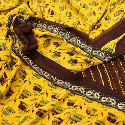 Indian Vintage Sari Yellow & Brown Moss Crepe Printed Sarees 6yd Craft Fabric Sewing abstract Soft Dress making Quilting Crafting Upcycle