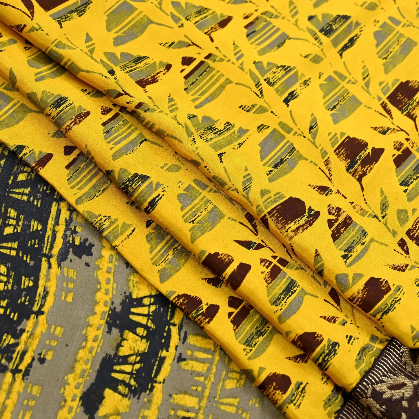 Indian Vintage Sari Yellow & Brown Moss Crepe Printed Sarees 6yd Craft Fabric Sewing abstract Soft Dress making Quilting Crafting Upcycle