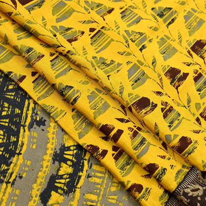 Indian Vintage Sari Yellow & Brown Moss Crepe Printed Sarees 6yd Craft Fabric Sewing abstract Soft Dress making Quilting Crafting Upcycle