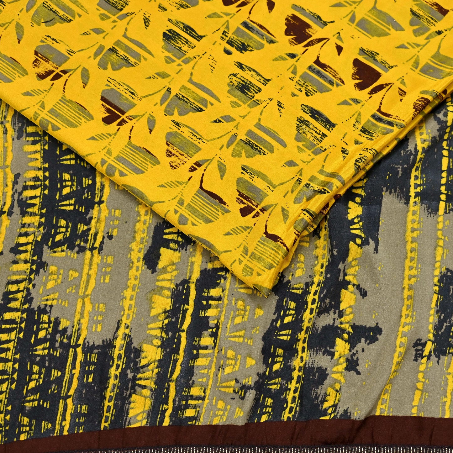 Indian Vintage Sari Yellow & Brown Moss Crepe Printed Sarees 6yd Craft Fabric Sewing abstract Soft Dress making Quilting Crafting Upcycle