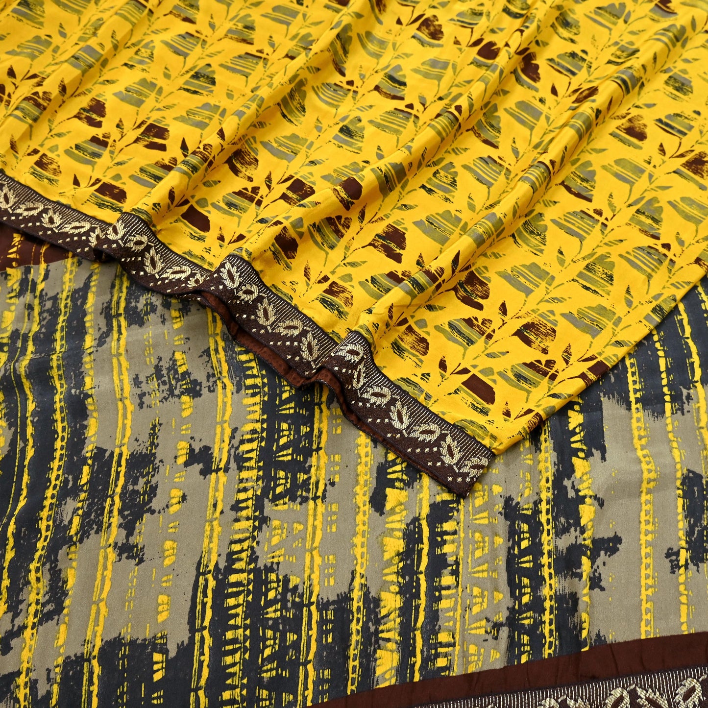Indian Vintage Sari Yellow & Brown Moss Crepe Printed Sarees 6yd Craft Fabric Sewing abstract Soft Dress making Quilting Crafting Upcycle