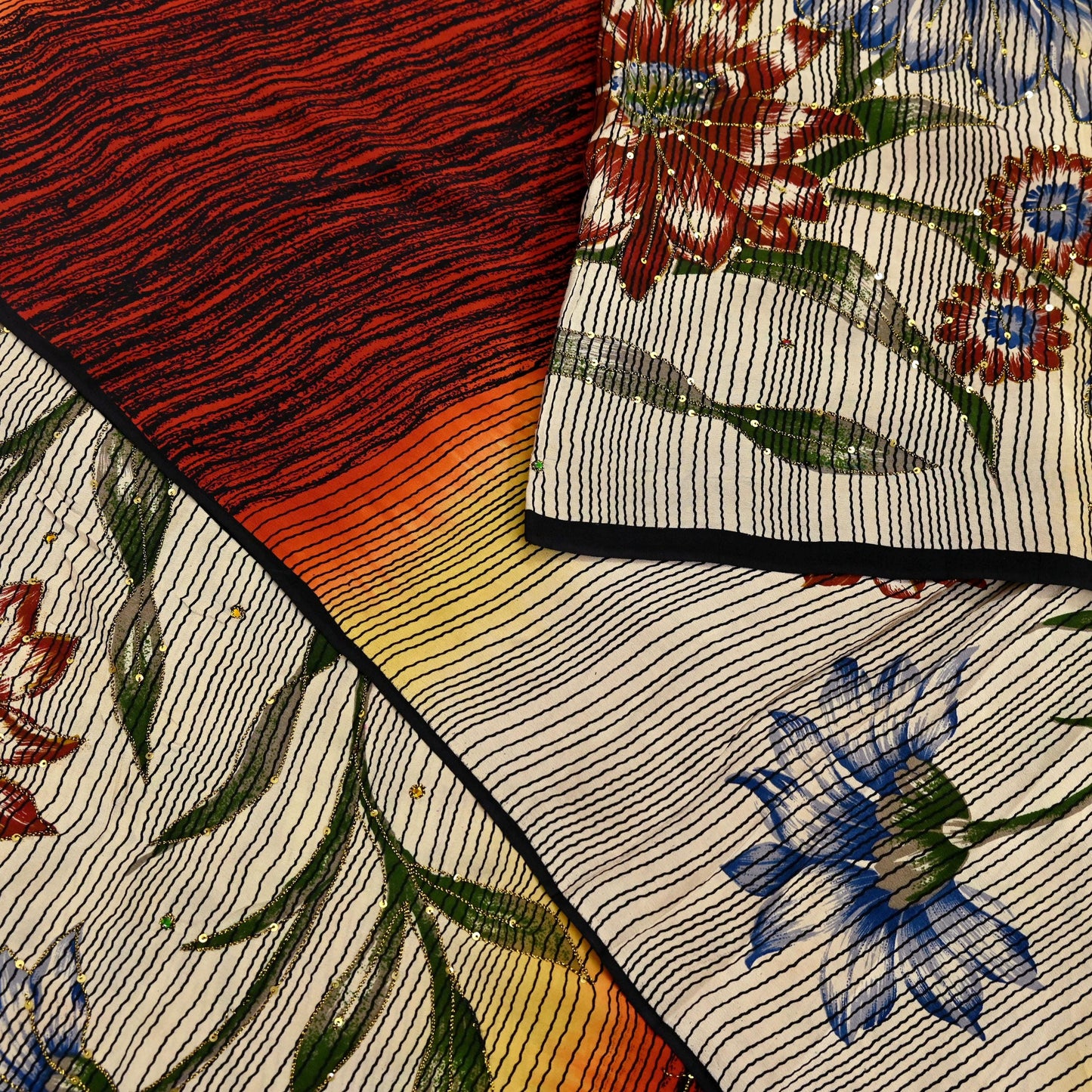 Indian Vintage Sari Multi Pure Crepe Silk Hand Embroidered Saree 5yd Craft Fabric Sewing Paisley Sequins Dress Making Crafting Quilting