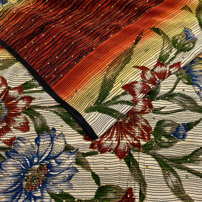 Indian Vintage Sari Multi Pure Crepe Silk Hand Embroidered Saree 5yd Craft Fabric Sewing Paisley Sequins Dress Making Crafting Quilting