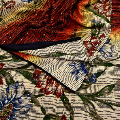 Indian Vintage Sari Multi Pure Crepe Silk Hand Embroidered Saree 5yd Craft Fabric Sewing Paisley Sequins Dress Making Crafting Quilting