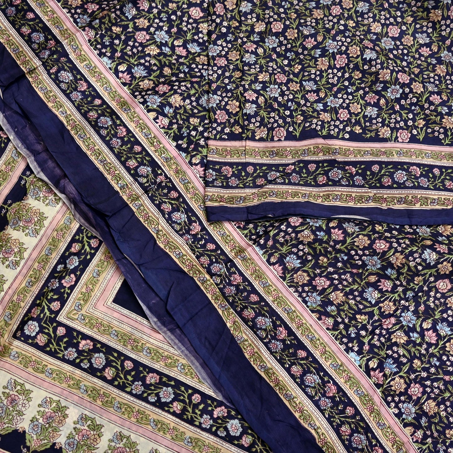 Indian Vintage Blue Pure Silk Printed Saree 5 Yards Soft Floral Fabric for Dressmaking, Quilting, Crafting, Sewing & Upcycling Dress Making