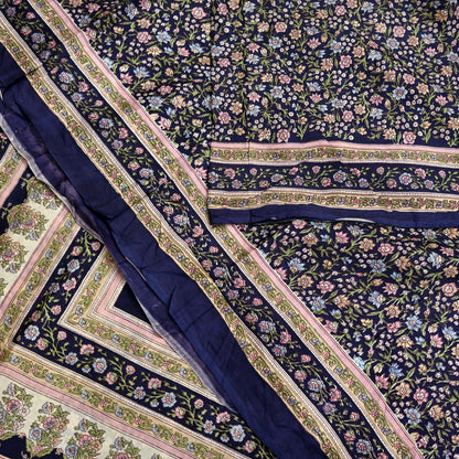 Indian Vintage Blue Pure Silk Printed Saree 5 Yards Soft Floral Fabric for Dressmaking, Quilting, Crafting, Sewing & Upcycling Dress Making