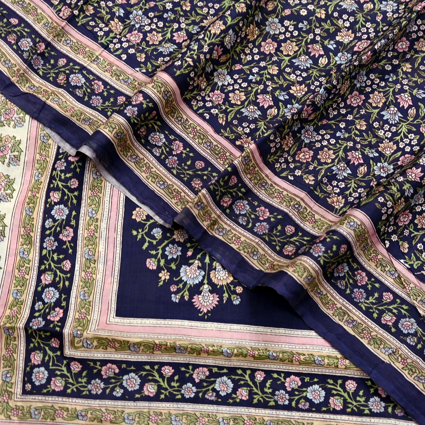 Indian Vintage Blue Pure Silk Printed Saree 5 Yards Soft Floral Fabric for Dressmaking, Quilting, Crafting, Sewing & Upcycling Dress Making