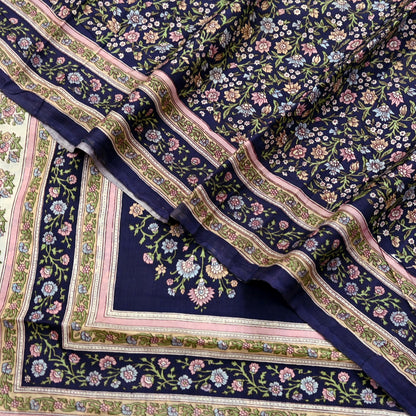 Indian Vintage Blue Pure Silk Printed Saree 5 Yards Soft Floral Fabric for Dressmaking, Quilting, Crafting, Sewing & Upcycling Dress Making