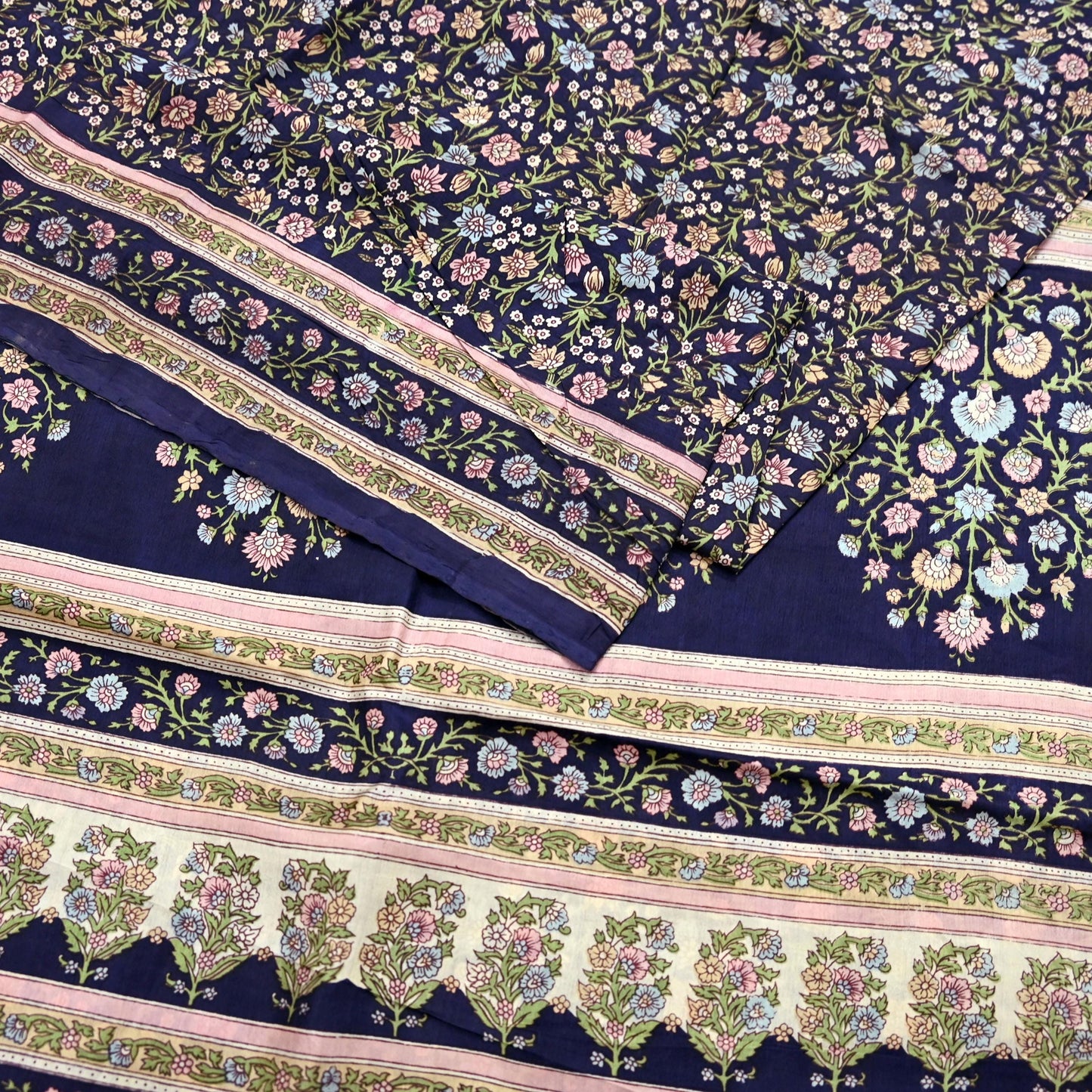 Indian Vintage Blue Pure Silk Printed Saree 5 Yards Soft Floral Fabric for Dressmaking, Quilting, Crafting, Sewing & Upcycling Dress Making