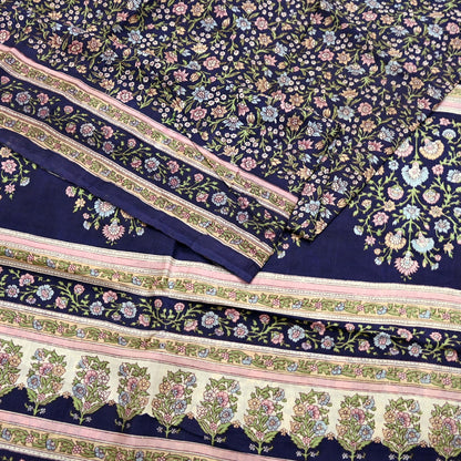 Indian Vintage Blue Pure Silk Printed Saree 5 Yards Soft Floral Fabric for Dressmaking, Quilting, Crafting, Sewing & Upcycling Dress Making