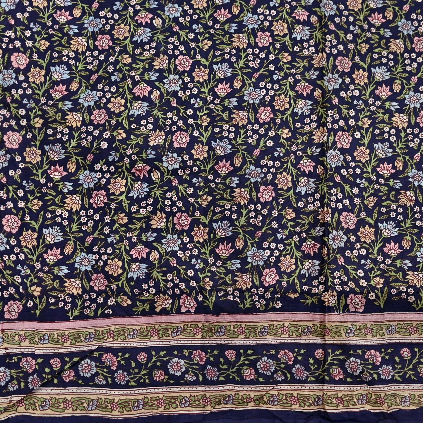 Indian Vintage Blue Pure Silk Printed Saree 5 Yards Soft Floral Fabric for Dressmaking, Quilting, Crafting, Sewing & Upcycling Dress Making