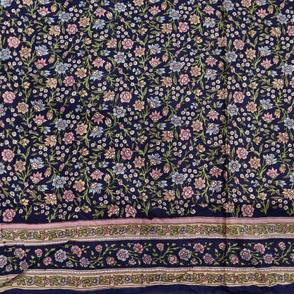 Indian Vintage Blue Pure Silk Printed Saree 5 Yards Soft Floral Fabric for Dressmaking, Quilting, Crafting, Sewing & Upcycling Dress Making