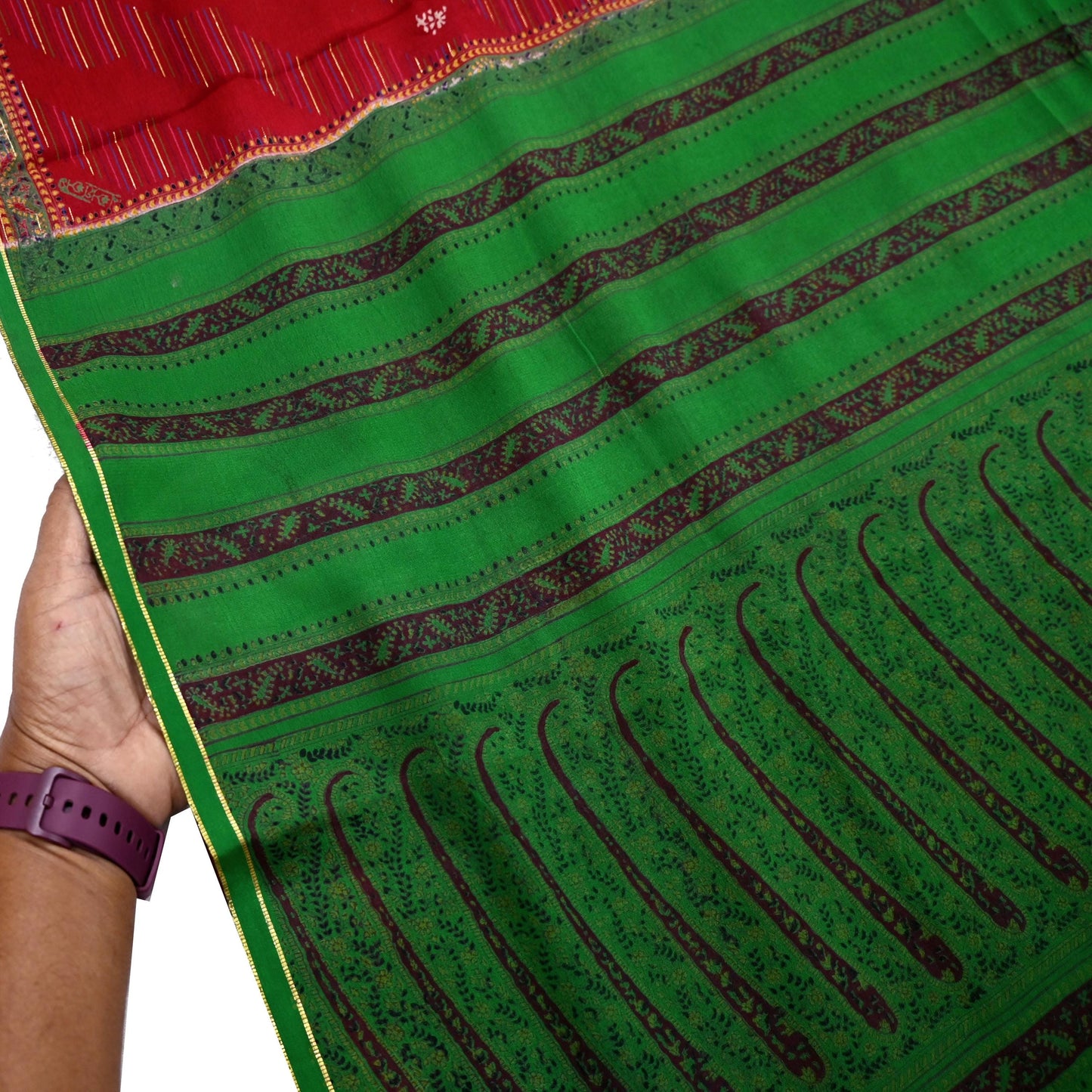 Indian Vintage Saree Pure Silk Sari Fabric: Red & Green Floral Print, 5-Yard Sewing Material Crafting Upcycle Quilting