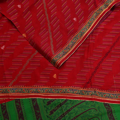 Indian Vintage Saree Pure Silk Sari Fabric: Red & Green Floral Print, 5-Yard Sewing Material Crafting Upcycle Quilting