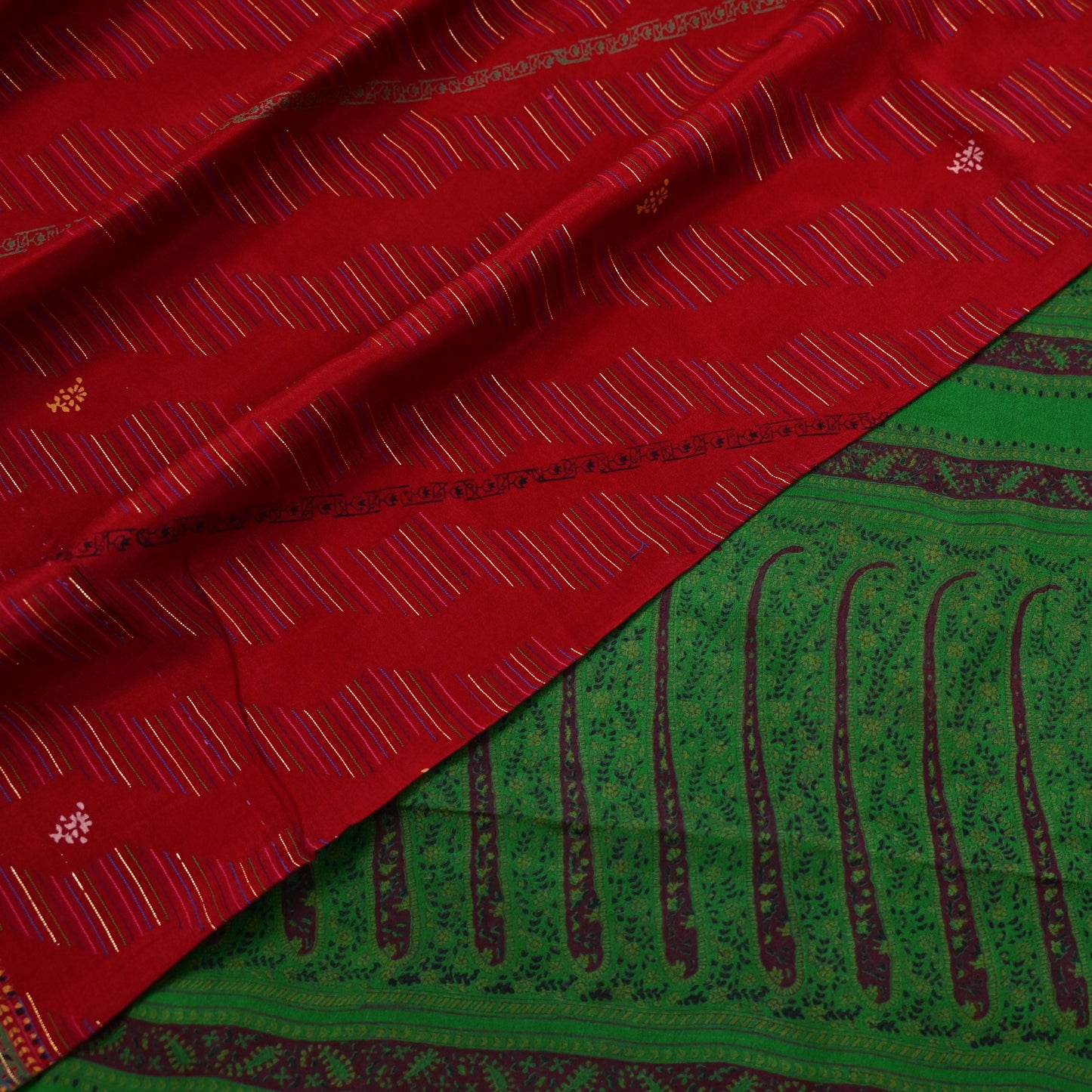 Indian Vintage Saree Pure Silk Sari Fabric: Red & Green Floral Print, 5-Yard Sewing Material Crafting Upcycle Quilting